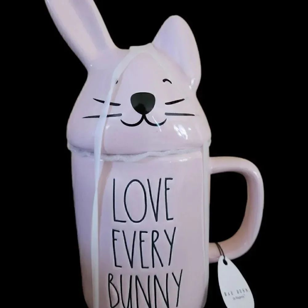 Rae Dunn LOVE EVERY BUNNY pink mug with bunny topper Easter release